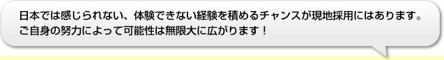 日本では感じられない、体験できない経験を積めるチャンスが現地採用にはあります。
ご自身の努力によって可能性は無限大に広がります！